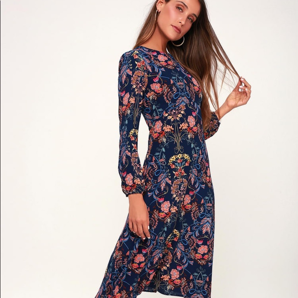 NWT Lulu’s Garden Splendor Navy Blue Floral Dress